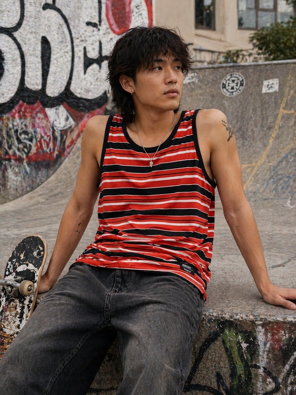 WESC Striped Tank Top Mens L Red Black Streetwear Skater Y2K Cotton Sleeveless